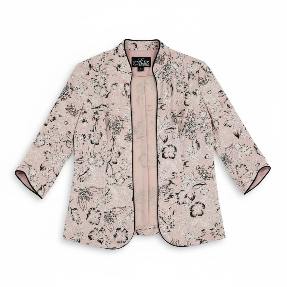Alex Evenings Floral Glitter Open Front Jacket Pink Black Size Medium